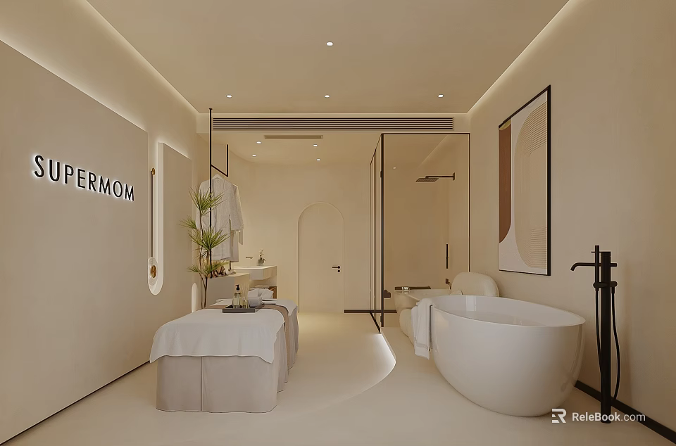 Modern SPA Sauna Interior Relaxation Space With Massage Bed Freestanding Bathtub And Decorative Plants 3d model 