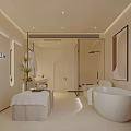 Modern SPA Sauna Interior Relaxation Space With Massage Bed Freestanding Bathtub And Decorative Plants
