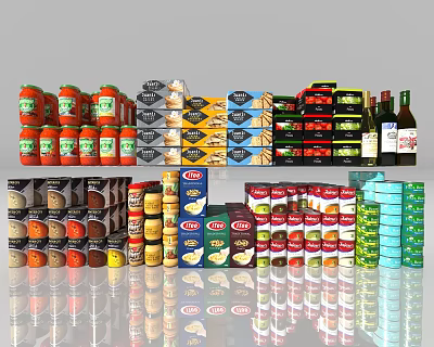 Various Packaged Grocery Items Including Canned Foods Bottled Sauces And Snacks 3d model