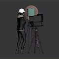 Professional Photographer Setup With White Safety Helmet Black Camera Tripod And Reflector