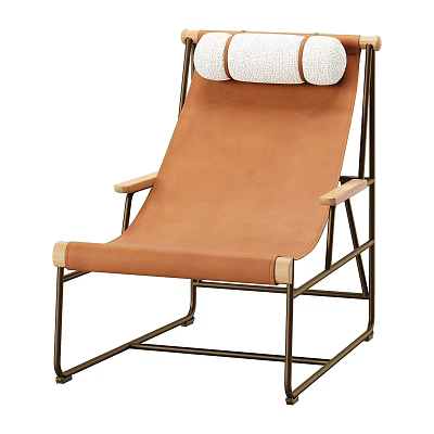 Modern Brown Leather Accent Chair with Metal Frame Wooden Arms and Soft Cushion 3d model