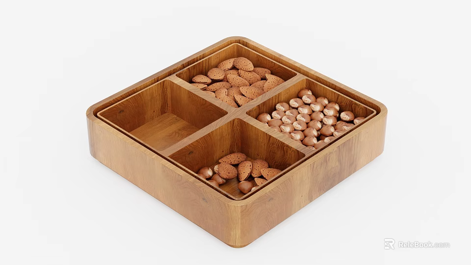 Wooden Divided Tray With Different Nuts In Separate Compartments For Serving Snacks 3d model 