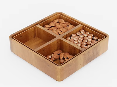 Wooden Divided Tray With Different Nuts In Separate Compartments For Serving Snacks 3d model