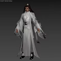 Man In Ancient White Traditional Robe With Black Belt Traditional Hairstyle Front Side Back Views