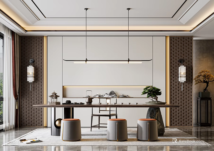 Modern Chinese Tea Room Interior With Long Table Round Stools Pendant Lights And Landscape Decor 3d model 