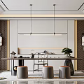 Modern Chinese Tea Room Interior With Long Table Round Stools Pendant Lights And Landscape Decor