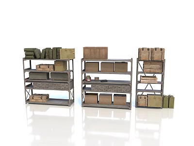 Scenic Landscape With Three Metal Shelves Holding Wooden Crates And Stacked Books 3d model