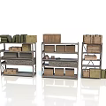 Scenic Landscape With Three Metal Shelves Holding Wooden Crates And Stacked Books