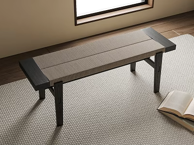 Wooden Bench with Woven Seat in Living Room on Area Rug and Open Book 3d model