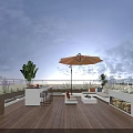 Roof Terrace Garden Landscape with Wooden Flooring Brown Umbrella and Lush Outdoor Plants