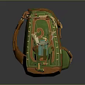 Green And Orange Backpack With Decorative Spiral Patterns And Scrolls In Side Pocket