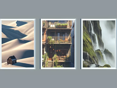 Scenic Landscape Paintings Featuring Sandy Desert Small Cabin Balcony Building With Plants And Misty Waterfall 3d model