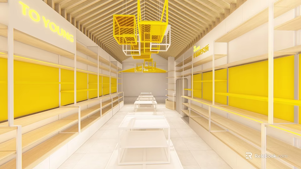 Young Brand Modern Bright Specialty Store With Yellow Shelves White Floors And Hanging Structures 3d model 