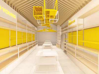 Young Brand Modern Bright Specialty Store With Yellow Shelves White Floors And Hanging Structures 3d model