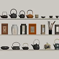 Minimalist Tea Sets Display With Various Teapots Teacups And Tea Canisters On Shelves