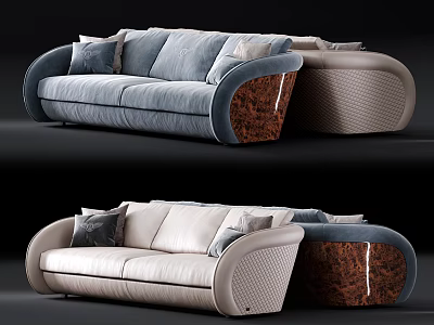 Modern Blue And White Three Seater Sofa With Curved Design Wooden Accents And Soft Cushions 3d model