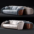 Modern Blue And White Three Seater Sofa With Curved Design Wooden Accents And Soft Cushions