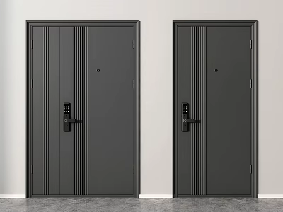 Black Modern Security Doors With Vertical Stripes And Smart Lock Design 3d model