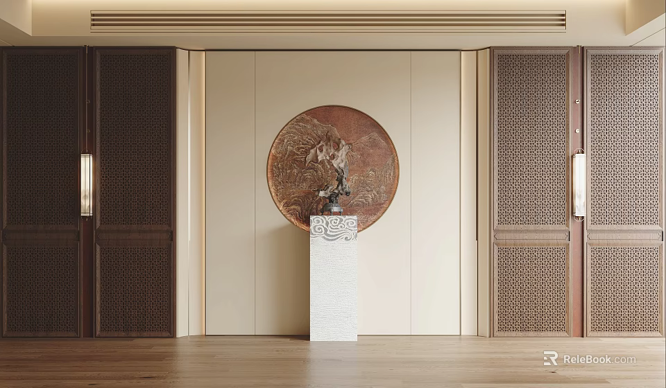 Elegant Sofa Background Wall Featuring Round Copper Painting Light Wall And Dark Wooden Carved Doors 3d model 