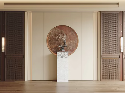 Elegant Sofa Background Wall Featuring Round Copper Painting Light Wall And Dark Wooden Carved Doors 3d model