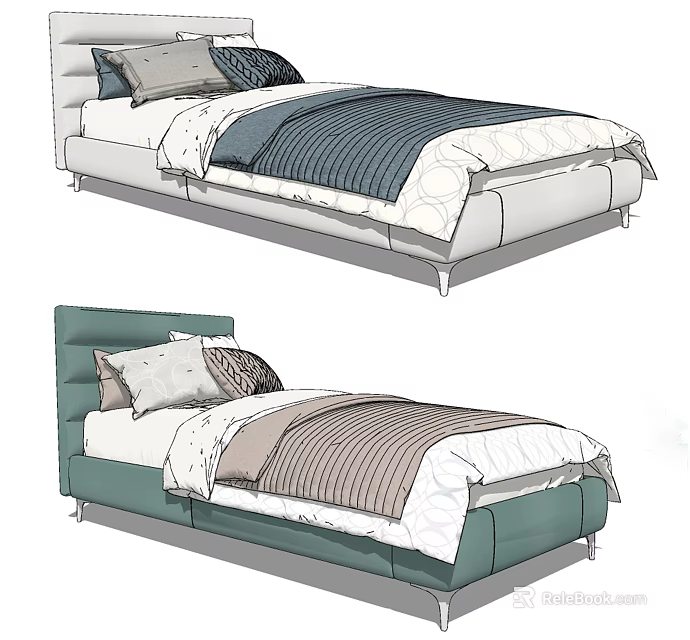 Modern Single Bed Designs With Blue Green Headboards And Striped Bedspreads 3d model 
