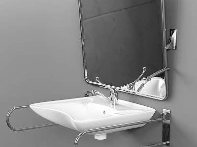 Modern Bathroom Washbasin With Wall Mounted Mirror Chrome Faucet And Metal Shelf 3d model