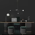 Modern Minimalist Desk Interior With Laptop Green Chair Table Lamp Hanging Lamp And Two Stools
