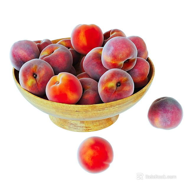 Fresh Ripe Peaches In A Wooden Bowl With Some Scattered Around 3d model 