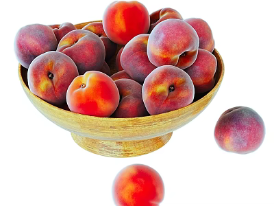 Fresh Ripe Peaches In A Wooden Bowl With Some Scattered Around 3d model