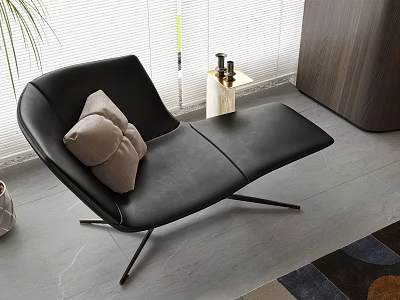 Black Leather Chaise Lounge with Light Brown Cushion Metal Legs on Gray Floor Near Blinds 3d model
