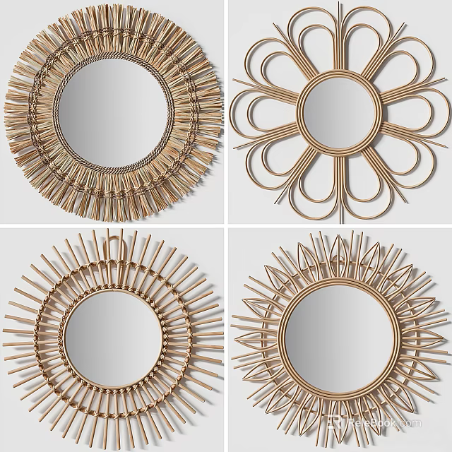 Gold Toned Round Decorative Mirrors With Sunburst And Flower Design Patterns 3d model 