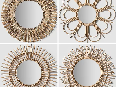 Gold Toned Round Decorative Mirrors With Sunburst And Flower Design Patterns 3d model
