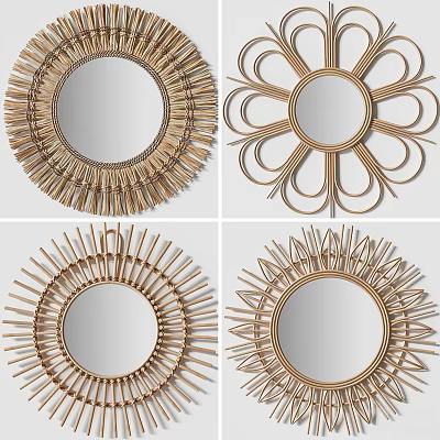 Gold Toned Round Decorative Mirrors With Sunburst And Flower Design Patterns 3d model