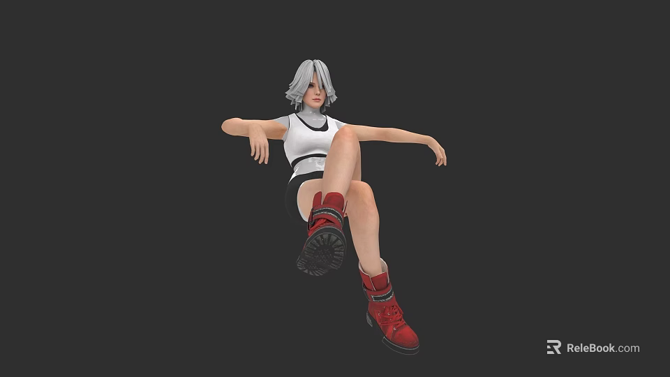 Woman With Silver Gray Hair In White Top Black Shorts And Red Boots Posing 3d model 