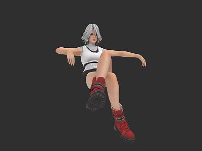 Woman With Silver Gray Hair In White Top Black Shorts And Red Boots Posing 3d model