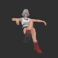 Woman With Silver Gray Hair In White Top Black Shorts And Red Boots Posing