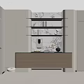 Modern Interior Display Cabinet With Open Wooden Shelves Marble Backdrop Built-in Lighting And Decorative Items