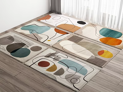 Multiple Colorful Square Area Rugs with Modern Geometric Patterns on Wooden Floor 3d model