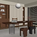 Modern Study Room With Wooden Shelves Books Decorations Long Table Pendant Light And Blinds