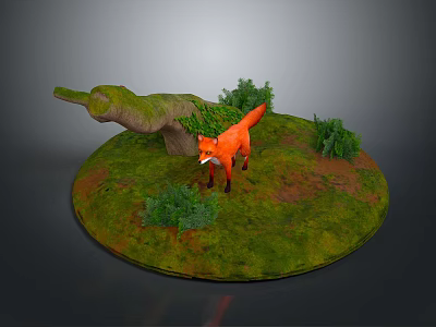 Realistic Red Fox Standing On Circular Platform With Green Grass Small Shrubs And Wooden Log 3d model