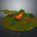 Realistic Red Fox Standing On Circular Platform With Green Grass Small Shrubs And Wooden Log