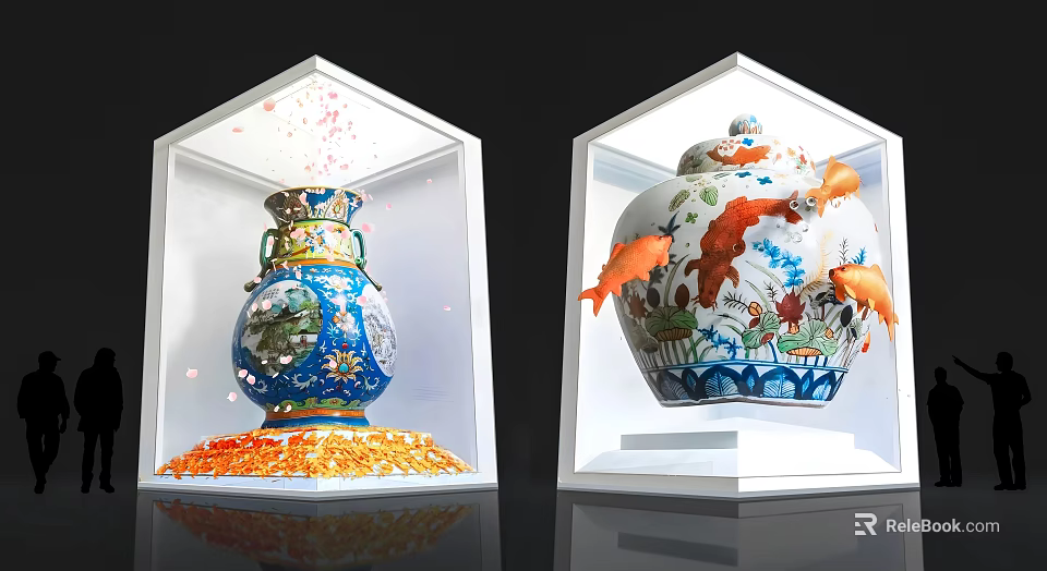 Art Installation Featuring Ornate Vases In Display Cases With Colorful Decor And Leaping Goldfish 3d model 