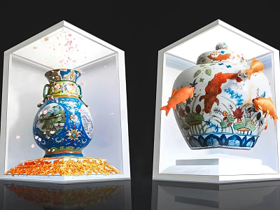 Art Installation Featuring Ornate Vases In Display Cases With Colorful Decor And Leaping Goldfish 3d model
