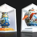 Art Installation Featuring Ornate Vases In Display Cases With Colorful Decor And Leaping Goldfish