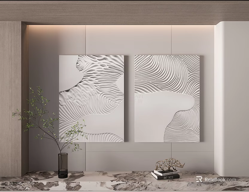Modern Interior Wall Decor With Abstract Wave Pattern Paintings And Green Plant 3d model