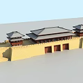 Ancient Chinese Architecture With Yellow City Wall Symmetric Corner Towers And Three Gates