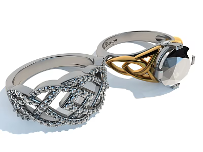 Elegant Stylish Silver Gold Braided Design Rings With Black Gemstone And Diamond Accents 3d model