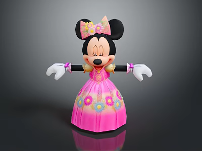 Minnie Mouse Stuffed Toy Figure With Pink Bow And Colorful Flower Dress 3d model