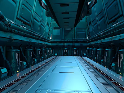 Cartoon Style Sci-Fi Corridor With Blue Toned Walls Mechanical Pipes And Metal Floor 3d model