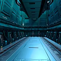 Cartoon Style Sci-Fi Corridor With Blue Toned Walls Mechanical Pipes And Metal Floor